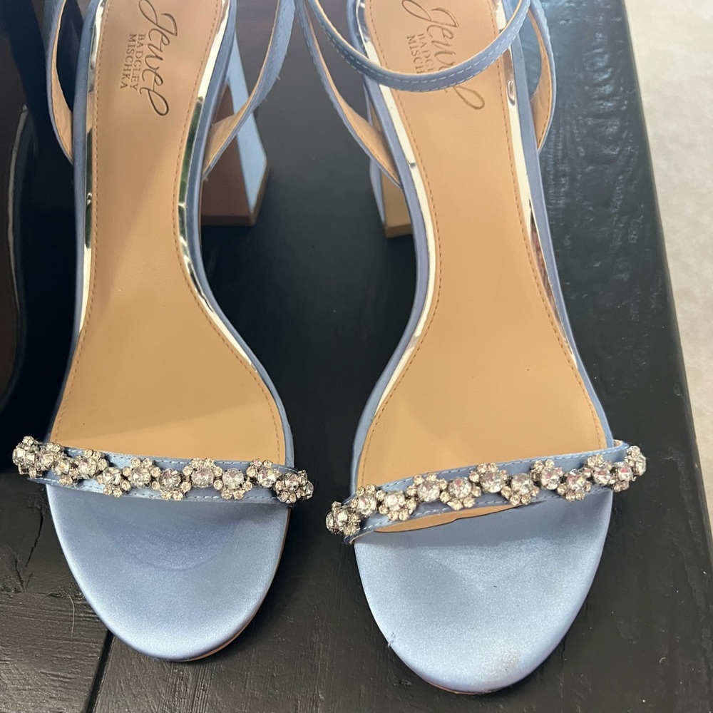 Badgley Mischka Light Blue Satin Crystal Strap Sandals